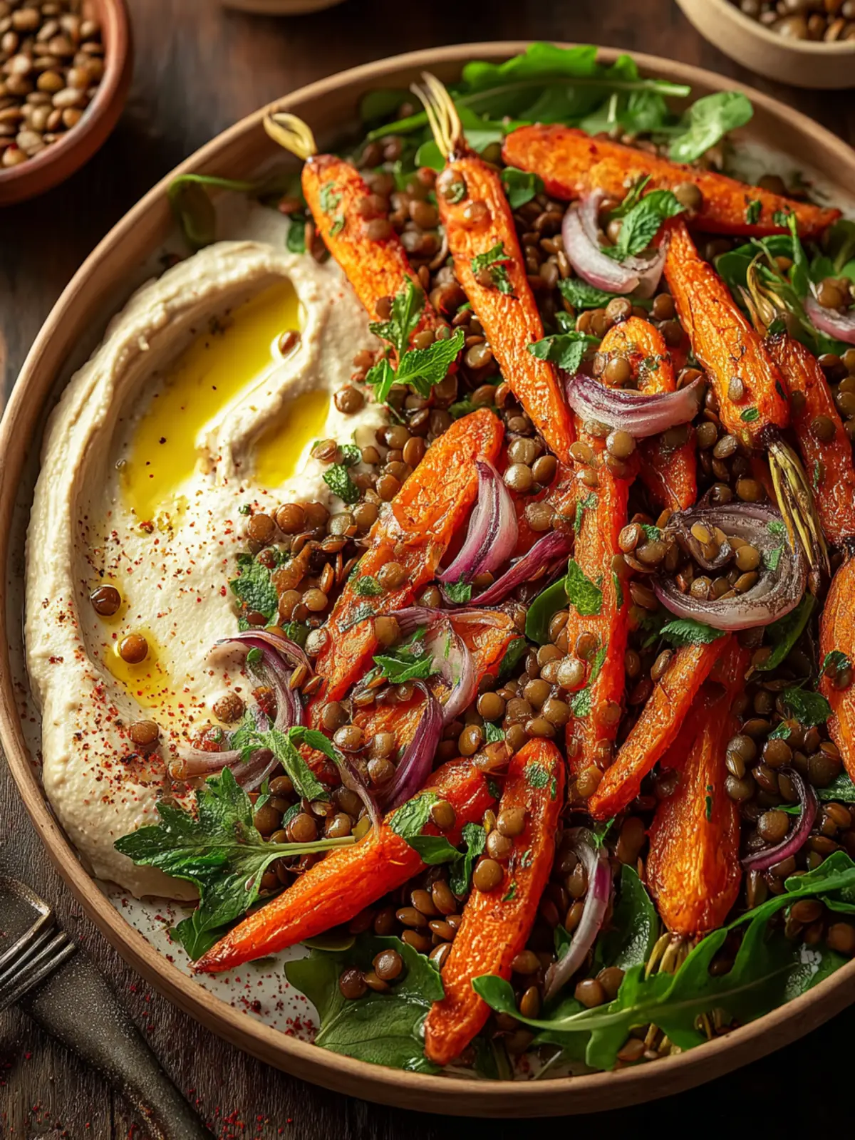 Roasted Carrot and Lentil Salad with Hummus First Image